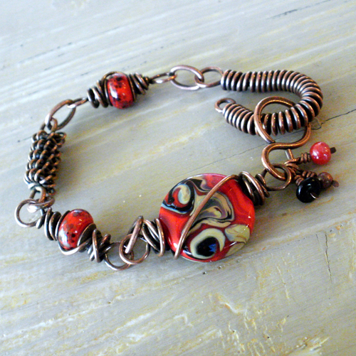 Copper and Red Glass Bracelet