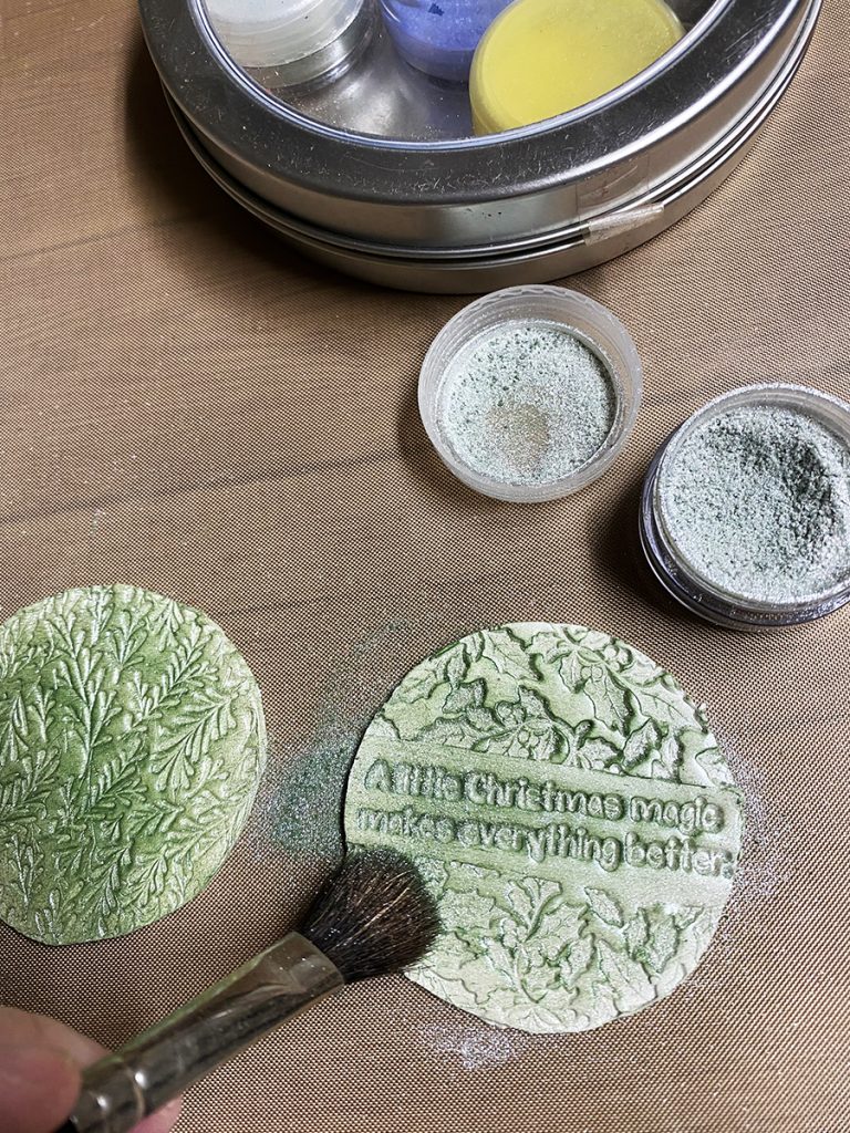 Easy Stamped Clay Ornaments Apply Iridescent Powders