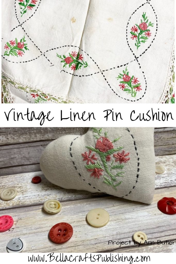 Embroidered Vintage Linen Pin Cushion PIN